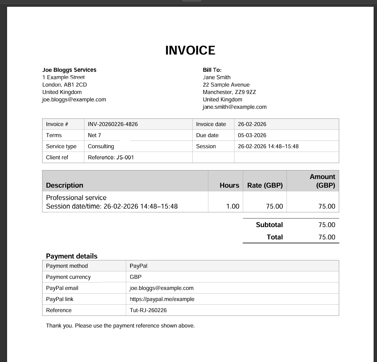 Generated invoice PDF preview